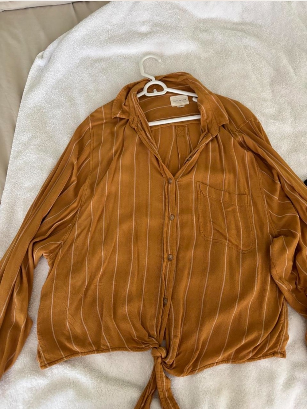 American Eagle Outfitters Women’s Mustard Yellow/Brown Button-Down Tie-Hem Shirt
